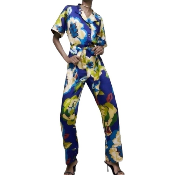 Zara Floral Silky Belted Short Sleeve Jumpsuit. Blue Green. Size L #969 NWT - Picture 3 of 7